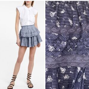 LoveShackFancy Double Ruffle Cotton Mini Skirt Denim Eyelet Large